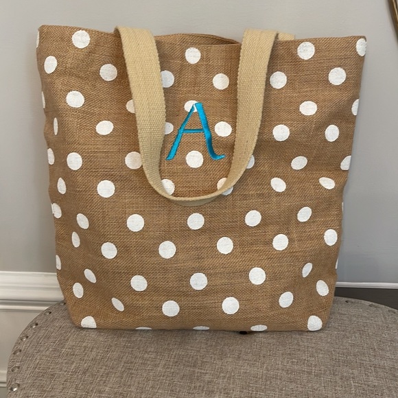 Burlap Initial A White Polka Dot Tote- Brand new - Picture 8 of 9